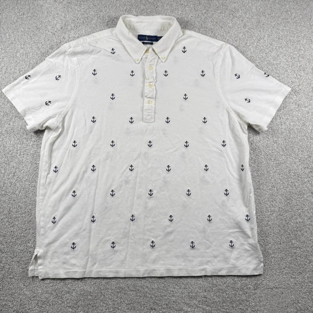 Ralph‎ Lauren Polo Shirt Mens XXL White Anchor Print Knit Oxford Short Sleeve